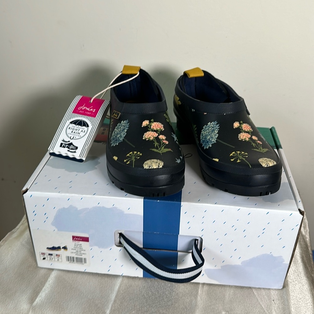 Joules Navy Floral Waterproof Clog Boots with Mustard Pull Tab